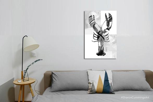 Black and white lobster in a modern print in gray and white in a bedroom setting by artist Sharon Cummings.