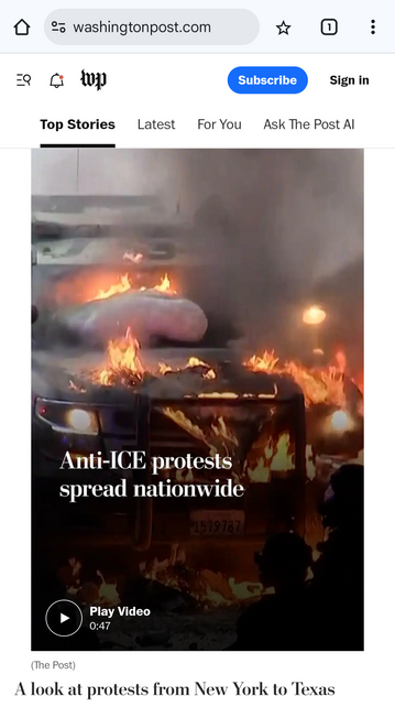 A screenshot from the Washington post website, A picture of a burning car with the text "anti-ice protests spread nationwide"
