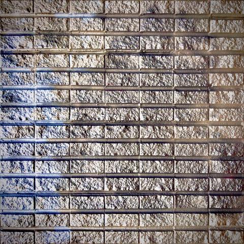 A brick wall fills the frame in subtle shades of gold, brown, and blue.