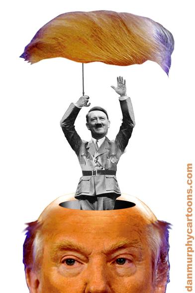 Cartoon showing the head of Trump; his scalp is lifted (like and umbrella) by a small Hitler, who emerges from his brain, merrily waving.