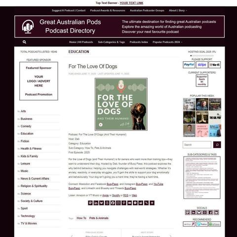 For The Love Of Dogs (And Their Humans!)
Screenshot of the podcast listing on the Great Australian Pods website
