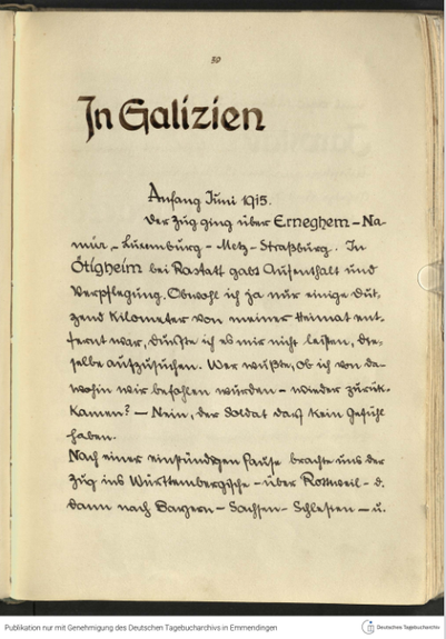 Eine Seite aus dem digitalisierten Tagebuch mit einem Eintrag zu Galizien