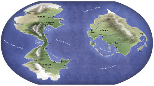 A fantasy map with 3 continents labeled Fairana, Alinara, and Sanafir. Various mountain ranges, seas, deserts, and islands are depicted, with many towns and cities marked, but labeled with only “????”
