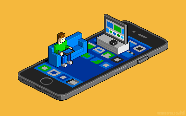 Isometric pixel illustration, depicting a stylized figure sitting on a sofa, using an iPad. The sofa and a TV with Apple TV hardware are placed on a giant iPhone.