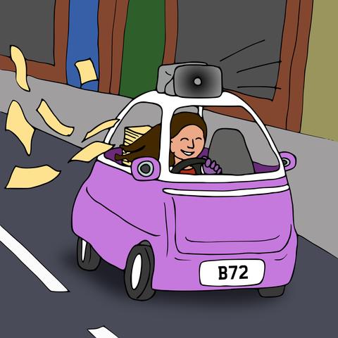 An illustration of Connie the conservator, a mixed heritage woman with long dark hair and a big smile, driving a white and purple electric micro-car down a street. Flyers are streaming out of her open car window and she’s got speakers on top of the car roof for advertising her services as a conservator!
(Artwork by Jenny Mathiasson 2025)