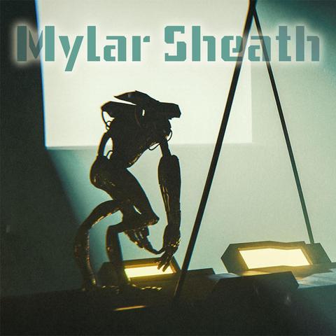 A robot, walking across a walkway in front of a large square light.  "Mylar Sheath" is written on top.