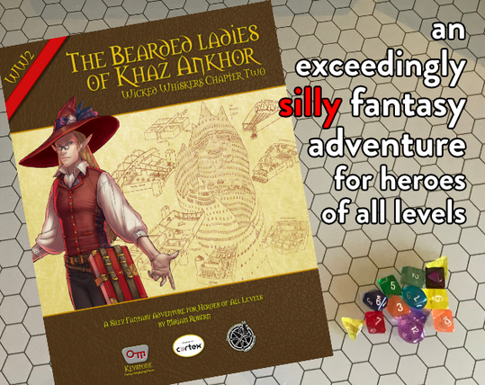 The cover of The Bearded Ladies of Khaz Ankhor, a silly fantasy adventure for players of all levels, by Miriam Robern