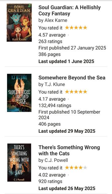 Soul Guardian by Alex Karne 5⭐️
Somewhere Beyond the Sea by TJ Klune 5⭐️
There's Something Wrong with the Cats by CJ Powell 4⭐️