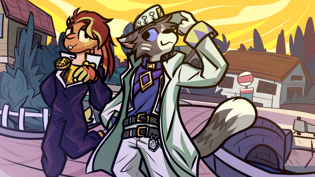 Digital illustration. An anthropomorphic rabbit and a cat dressed as characters from the anime JoJo's Bizarre Adventure walk across a bridge in a village.