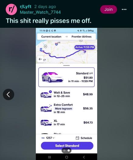 Reddit post from r/Lyft showing a ride to Frontier arriving at 11:59 pm costs $51.80-$64.73