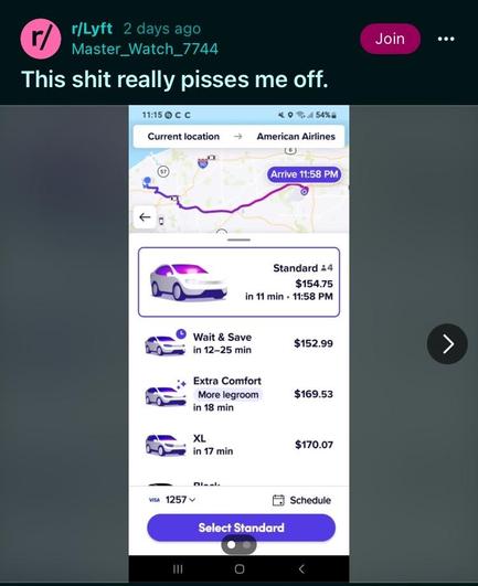 Same reddit post, screenshot 2 shows that same ride to American Airlines arriving at 11:58 costs between $154.75-$170.07
