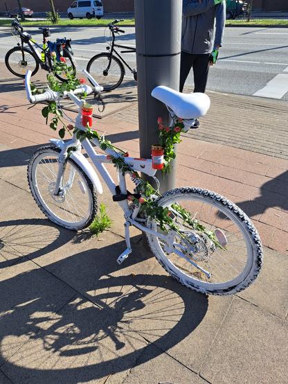 Foto eines Ghostbikes mit Blumen geschmückt an Laternenpfahl.