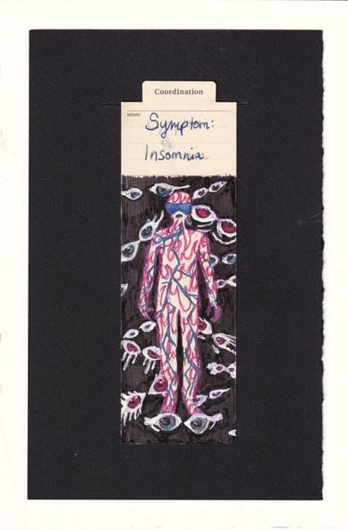 the figure is surrounded by black emptiness and many many eyes. The eyes are in many shapes, often with bags under them. they're in sketchy white and colored pupils to show vs the dark background. The figure has a blue sleep mask on and blue electricity-like jagged lines running through their body. Layers of bright pink abstract shapes that are similar to flames are also filling their body.