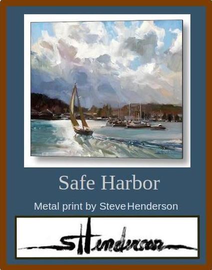 Metal print of an original oil painting depicting a small sailboat under cloudy skies, entering a small harbor.