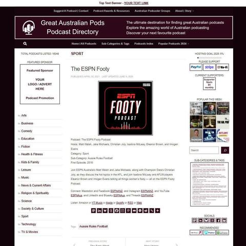 The ESPN Footy Podcast
Screenshot of the podcast listing on the Great Australian Pods website
