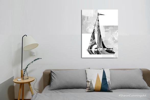 Black and white sailboat on gray and white modern blocks in bedroom setting.