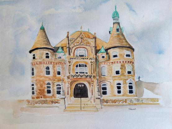 A very detailed watercolor of an older stone building with two towers on each end.