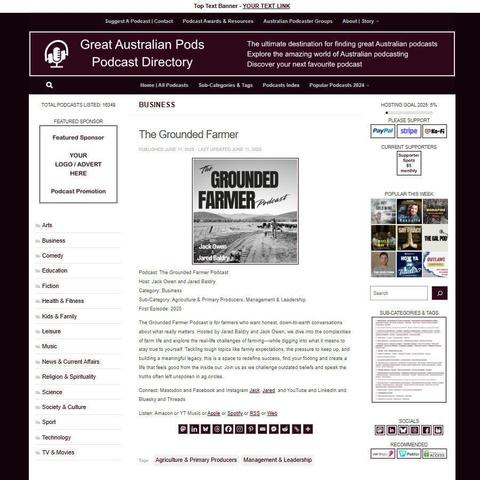 The Grounded Farmer Podcast
Screenshot of the podcast listing on the Great Australian Pods website