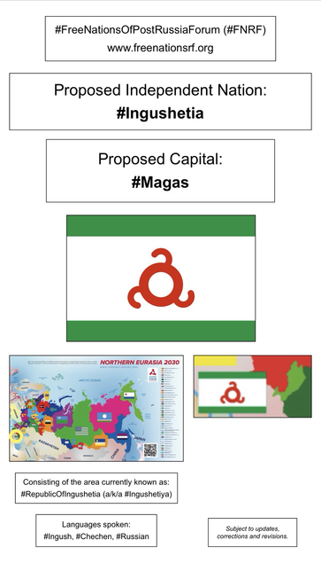Information, flag, and maps showing proposed independent nation of Ingushetia (from the website of the Free Nations of Post-Russia Forum).