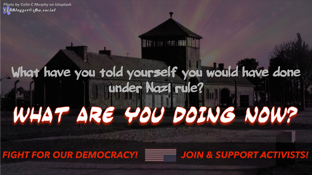 Meme: Dark grey background with a darkened photo of a Nazi death camp. Text in grey & white & red reads, “What have you told yourself you would have done under Nazi rule?  WHAT ARE YOU DOING NOW?  Fight for our democracy! Join & support activists!”