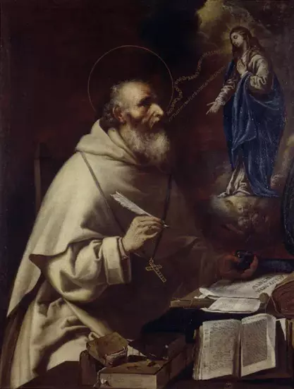 The image depicts a historical or religious figure, likely a saint, who is shown in a thoughtful pose. He is seated at a desk with various items such as books and writing instruments. There is also a mystical or divine figure, possibly representing the Virgin Mary or Christ, appearing in the background. The overall atmosphere suggests a theme of contemplation or spirituality, with elements indicative of religious art, such as a halo around the figure's head and symbolic objects on the desk.

Image Credits: Wikimedia / Vicente Salvador Gómez / Public domain
