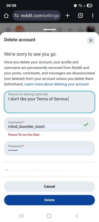 A screenshot showing me canceling my reddit account.
