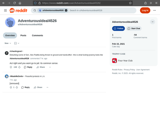 Screencap of a suspicious Reddit user account AdventurousIdeal4526, created Feb 15, 2021 with no post or comment activity until the evening of Jun 12, 2025. Another post also 7 hours ago was "[removed]" by moderators.