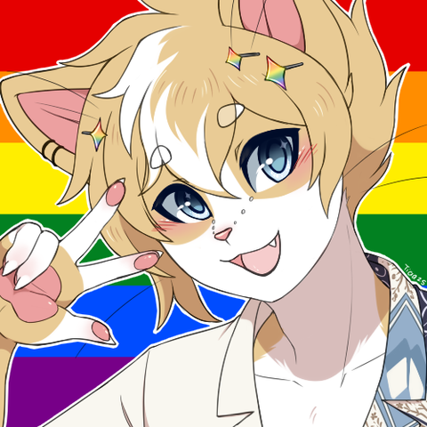 Bust digital drawing of a furry cat character, with white and light orange fur and hair, and blue eyes. He is doing a peace sign with his hand and has a happy expression. On the background, there is the rainbow pride flag.