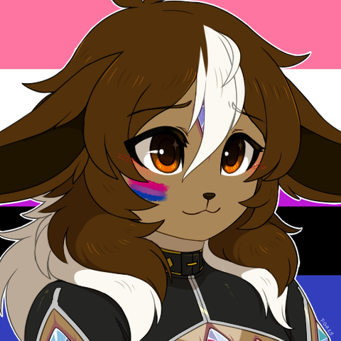 Bust digital drawing of a furry eevee (pokémon) character, with a little shy smile and side ears. He has a face paint with the bisexual flag colors, and the background has the colors of the genderfluid flag.