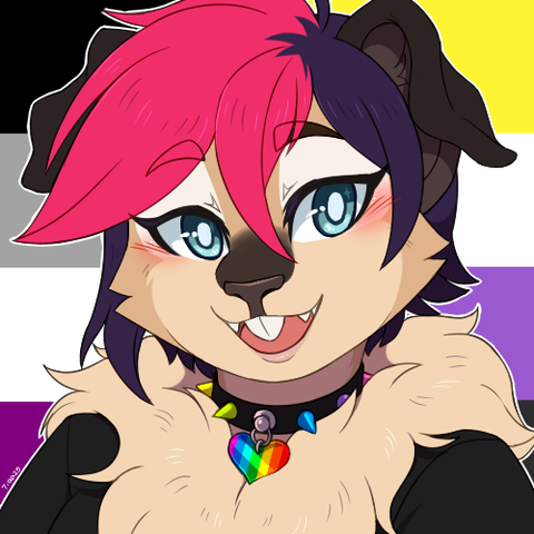 Bust digital drawing of a furry guinea pig character, with cream fur, pink and purple hair and blue eyes. She is wearing a collar with rainbow colored spikes and a rainbow colored tag shaped like a heart. The background has the colors of the asexual flag on the left and the nonbinary flag on the right.