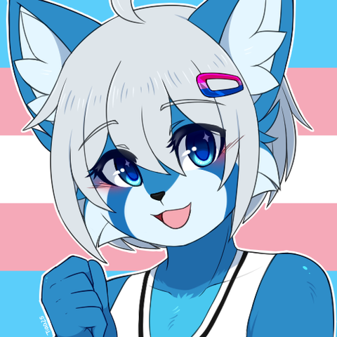 Bust digital drawing of a furry red panda character, with blue fur and white hair. She is wearing a hairpin colored like the bisexual flag and has a happy smile. On the background there are the colors of the transexual flag.