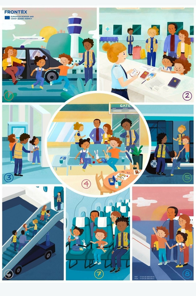 Frontex poster about deportation for kids. Happy families go to the airport and make an exciting travel accompanied by happy officers. Yay! /s