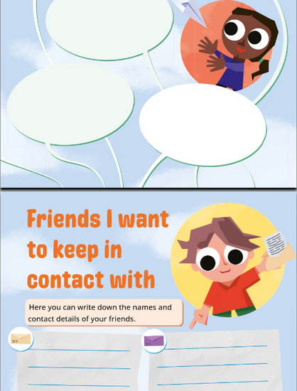 A page from the activity book of the "toolbox for children in return". 
Top: A smiling dark-skinned kid with long black hair receives a paper plane, there are speech-bubbles around her to be filled out with "wishes from your frinds".  
Bottom: A smiling  light-skinned kid with brown hair holds a letter in their hands. Besides is the title: 
"Friends want to keep in contact with" and some space to write down names and contact details of your friends.
This is no sarcasm. The document is authentic. Fuck racist Frontex.