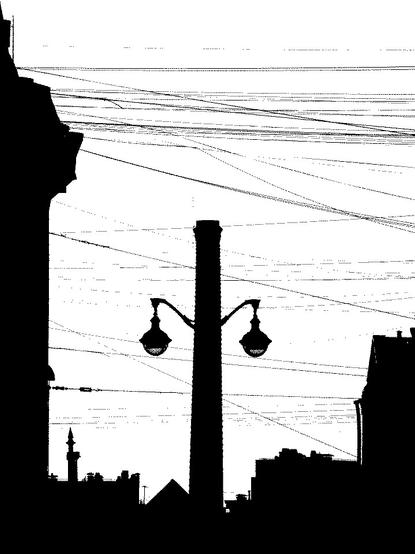The extremely black and whiute photo of the street's skyscape in the center of the Saint-Petersburg. There are a lot of wires on the sky between the houses. On the center of the photo there are an old factory chimney covered with an old street lamp, so looks like the plafonds are connected right to the chimney.