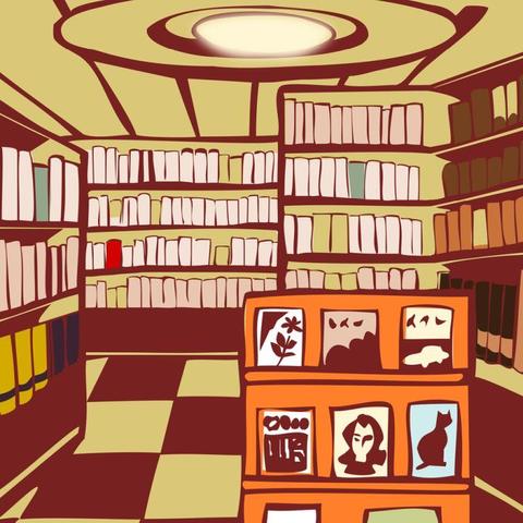 Illustration of a bookstore with many shelves of books.