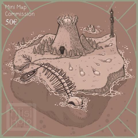 Mini map commission 50€ - 1000x1000pixel digital illustration of a small floating island in brown tones, with a circular mint-colored border decoration. The island depicts a small boat that is tied to a giant fish skeleton on the shore, a path leadign to a large mountain that has been struck with a glowing meteorite, a cave on the side of the mountain, a smaller mountain, fir forest, and on the edge of the island is a tall wizard tower. On a meadow below are pieces of the meteorite, scattered about.