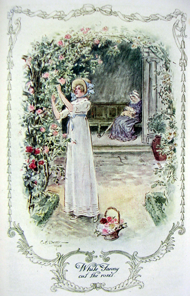 Illustration for ch.7 of Mansfield Park, in the Series of English Idylls, published by J.M Dent & Co. (London) and E.P. Dutton & Co. (New York). " While Fanny cut the roses ".

The scene is pastoral and gentle, set in a lush garden or estate landscape typical of the English countryside.

Fanny Price, the novel’s shy and thoughtful heroine, is depicted outdoors, cutting roses from a blooming bush. 

Fanny wears a long, flowing Regency-era dress, modest and light-colored, with gentle folds and period-appropriate details like a sash or high waistline.

https://commons.wikimedia.org/wiki/Category:Mansfield_Park_(C._E._Brock)#/media/File:Mp-Brock-06.jpg