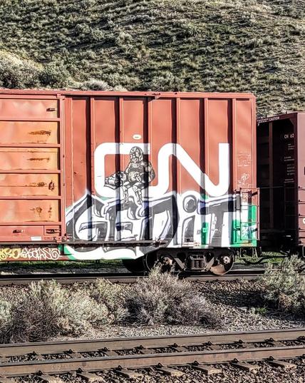 Train car with graffiti rolling through Kamloops BC Canada