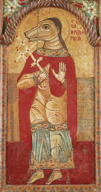 Image is an old Eastern Orthodox religious icon that depicts St. Christopher as a cynocephalus.