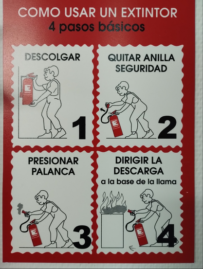 instruction poster 4steps: take extinguisher, pull security pin, press handle