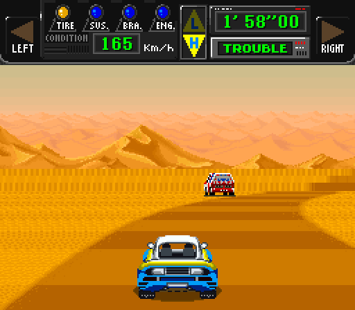 Imagem de um jogo retrô 16 bit com carrinhos cruzando um deserto de dunas.
