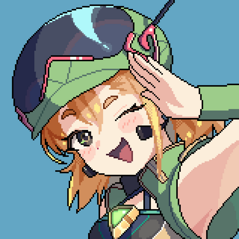 Pixel art of Icosa-tan smiling, waving at the viewer