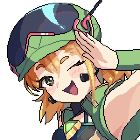 Pixel art of Icosa-tan smiling, waving at the viewer, on a transparent background