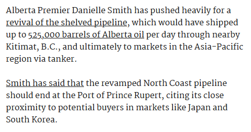 Excerpt from the linked article reading:

Alberta Premier Danielle Smith has pushed heavily for a revival of the shelved pipeline, which would have shipped up to 525,000 barrels of Alberta oil per day through nearby Kitimat, B.C., and ultimately to markets in the Asia-Pacific region via tanker.
Smith has said that the revamped North Coast pipeline should end at the Port of Prince Rupert, citing its close proximity to potential buyers in markets like Japan and South Korea.