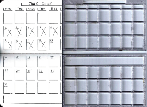 Monthly calendar stencil for 3.5x5.5 pocket notebooks, 2-page spread version. Stencil and notebook examples