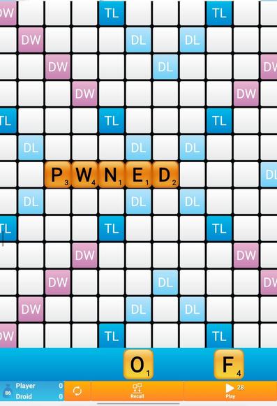 A Scrabble-like board with the opening play "pwned"