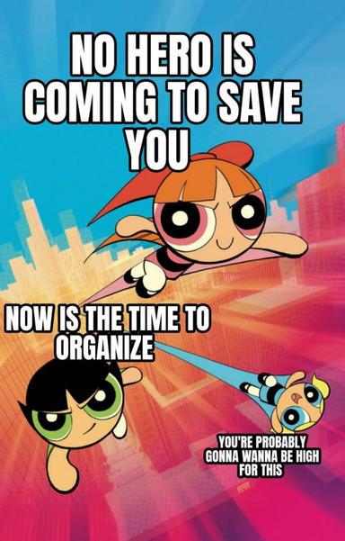 A cartoon-style meme featuring the Powerpuff Girls with a colorful city skyline background. The top text states no hero is coming to save you. The three Powerpuff Girls appear below with the pink-haired girl centered at the top and the green- and blonde-haired girls in the foreground left and right. Centered below the image is the text now is the time to organize. A smaller text box in the bottom right corner reads you’re probably gonna wanna be high for this. The overall tone is motivational with a hint of cynicism.