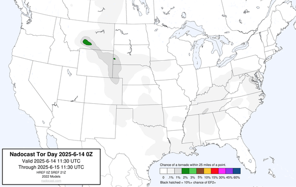0z Day #Tornado Forecast - a map of the United States depicting areas of various colors to incidate tornado risks