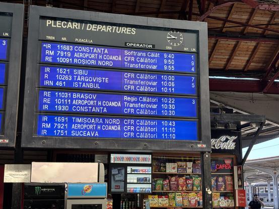 Departure board at Bucharest Gara de Nord.