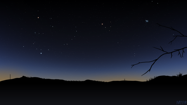 Digital art of a stary night sky with the constellations Orion, part of taurus and the Pleiades cluster.